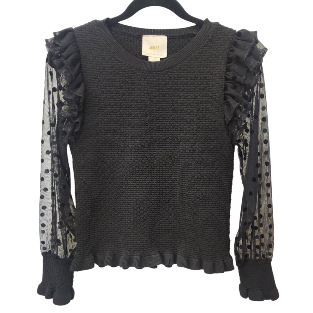 Maeve by Anthropologie Textured Knit Top w/ Sheer Ruffle Sleeves – Black, Small